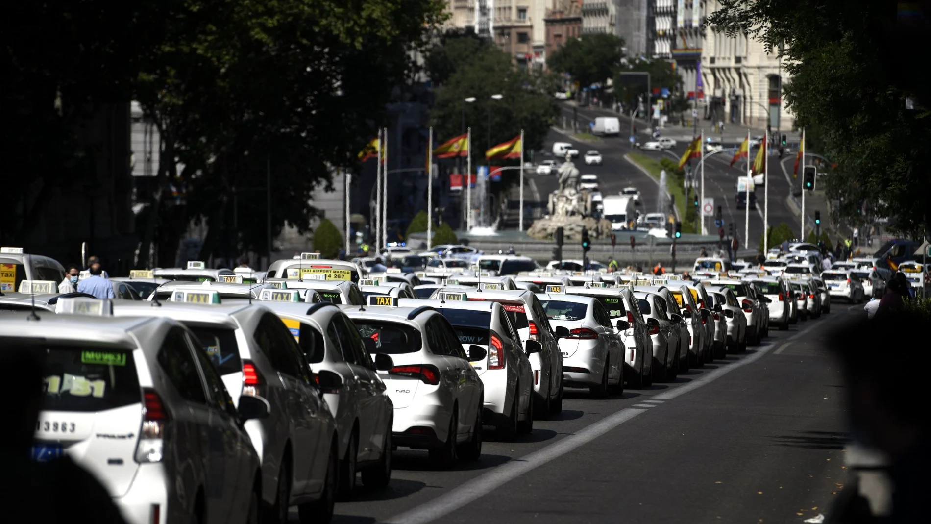 Taxistas permanecen estacionados en vías cercanas a la Puerta de Alcalá
