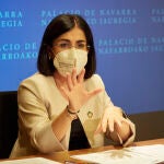 La ministra de Sanidad, Carolina Darias, comparece en rueda de prensa, tras presidir desde Pamplona el pleno telemático del Consejo Interterritorial del Sistema Nacional de Salud