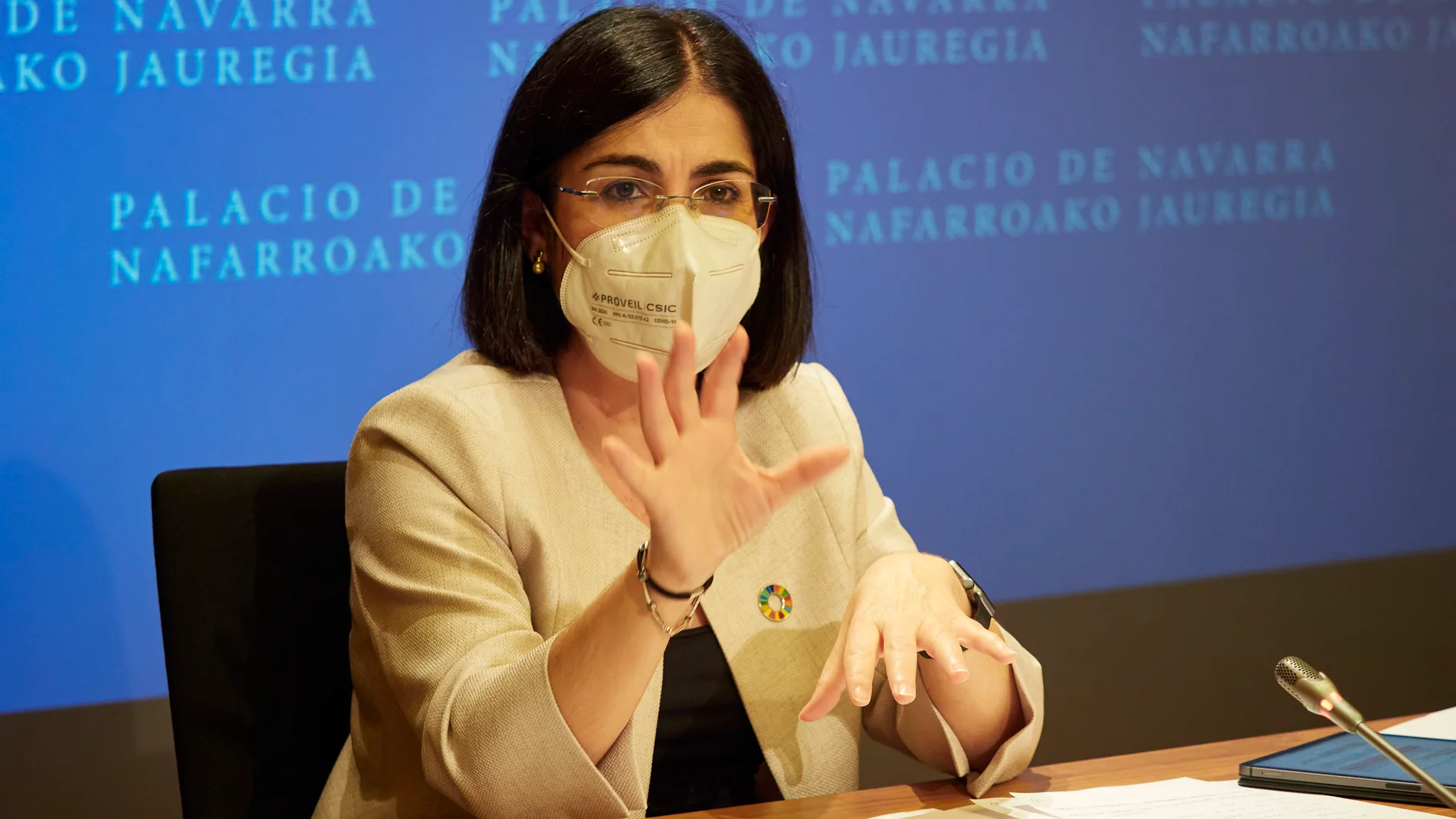 La ministra de Sanidad, Carolina Darias, comparece en rueda de prensa, tras presidir desde Pamplona el pleno telemático del Consejo Interterritorial del Sistema Nacional de Salud