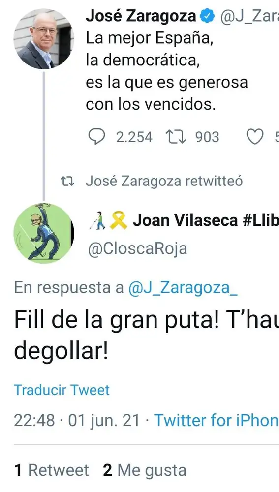 El tuit amenazando al diputado socialista José Zaragoza