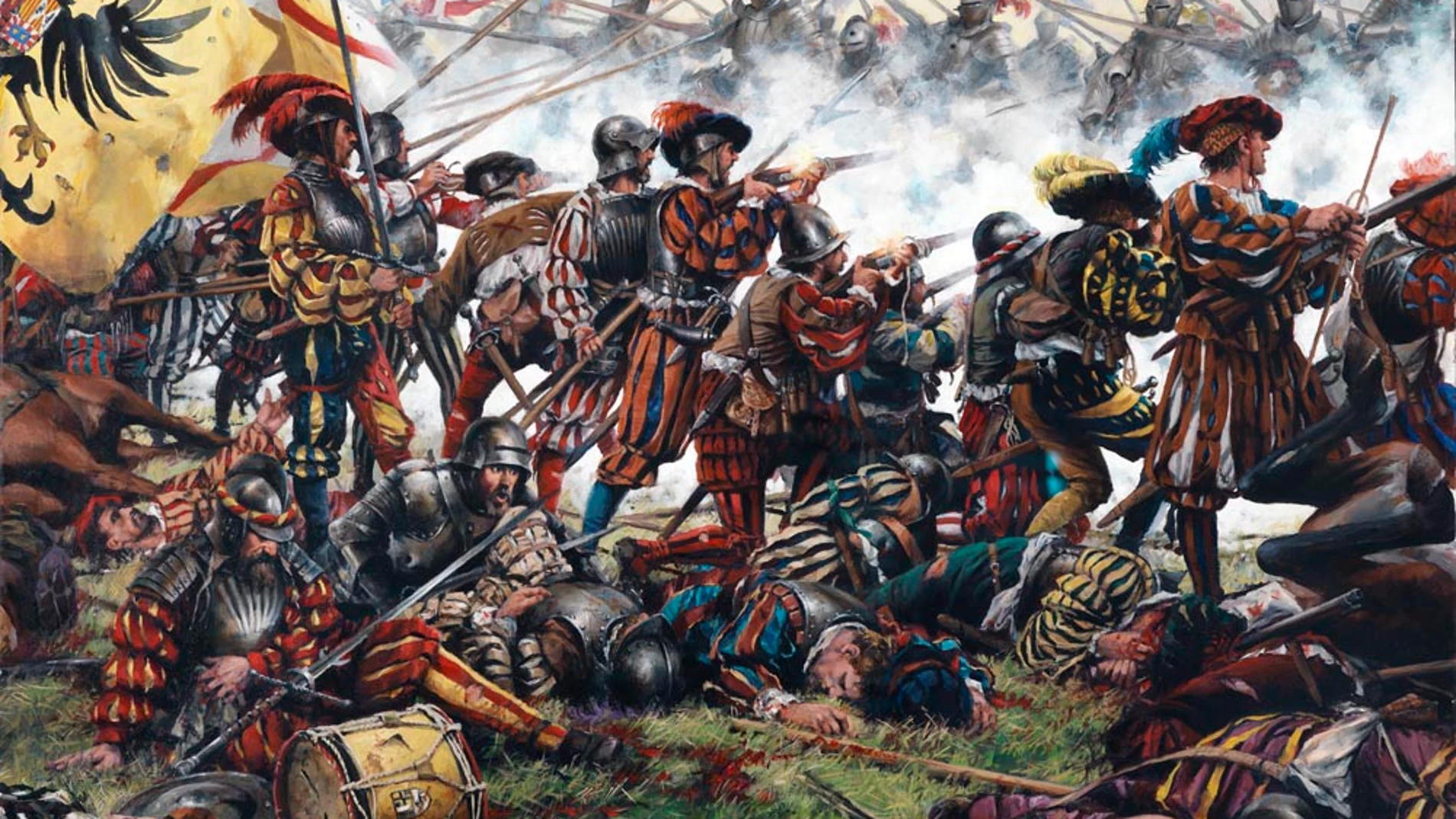 Recreación de la batalla de Pavía pintada por Ferrer Dalmau