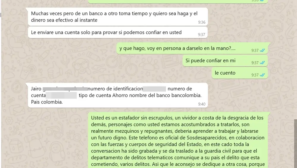 Conversación de WhatsApp entre el estafador y SOS Desaparecidos