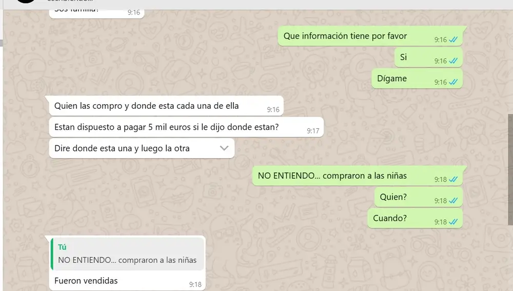 Conversación de WhatsApp entre el estafador y SOS Desaparecidos
