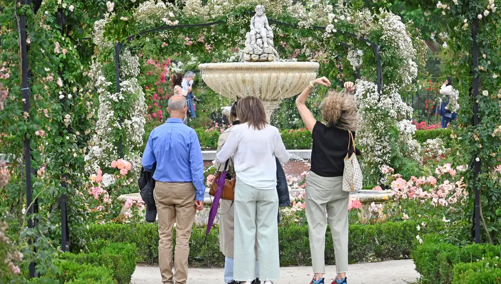 Varias personas disfrutan de la Rosaleda de los jardines del Buen Retiro, Madrid.