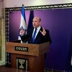 Naftali Bennett, Israeli parliament member from the Yamina party, gestures as he gives a statement at the Knesset, Israel's parliament, in Jerusalem, June 6, 2021. Menahem Kahana/Pool via REUTERS