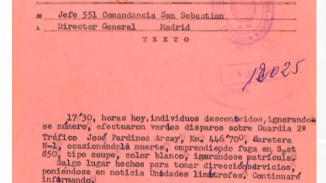 Documento histórico con la primera notificación del asesinato de Pardines