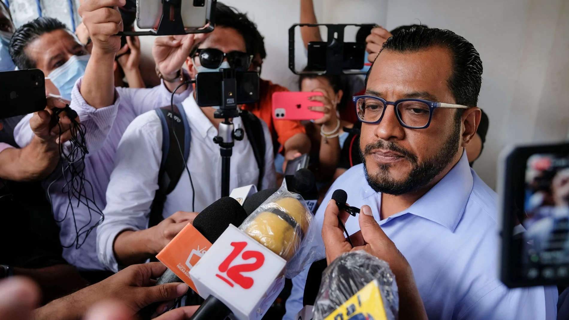 Felix Maradiaga, aspiring candidate of the opposition group National Blue and White Unity (UNAB), talks to reporters while leaving the Nicaragua Attorney General of the Republic office after being summoned by authorities, in Managua, Nicaragua June 8, 2021. REUTERS/Carlos Herrera
