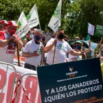 Agricultores y ganaderos se manifiestan en la calle, con el uso de pancartas, frente a la sede del Ministerio para la Transición Ecológica y el Reto Demográfico para protestar por la inclusión del lobo en el Listado de Especies Silvestres en Régimen de Protección Especial (LESPE)