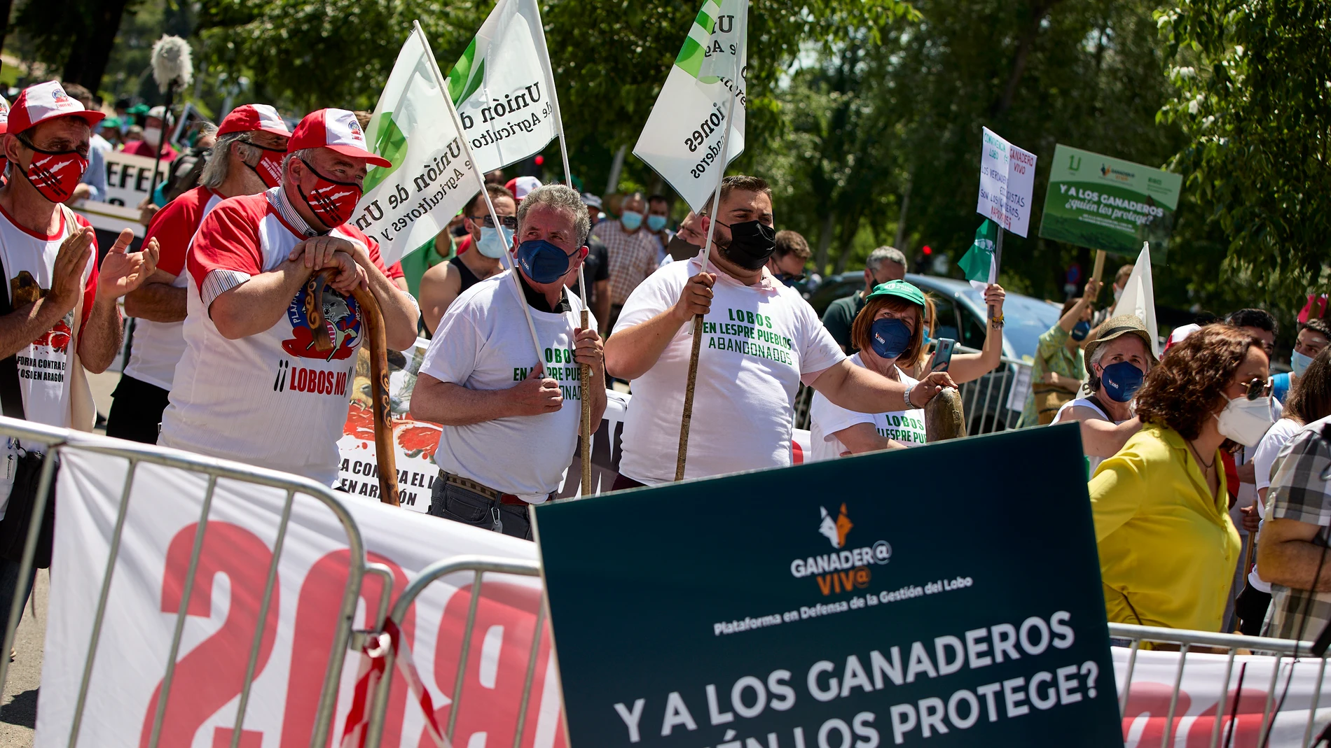 Agricultores y ganaderos se manifiestan en la calle, con el uso de pancartas, frente a la sede del Ministerio para la Transición Ecológica y el Reto Demográfico para protestar por la inclusión del lobo en el Listado de Especies Silvestres en Régimen de Protección Especial (LESPE)