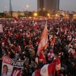 Supporters of Peru's presidential candidate Keiko Fujimori gather during a demonstration in Lima Peru June 12, 2021. REUTERS/Sebastian Castaneda