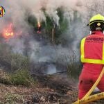Un bombero trata de sofocar un incendio en Valencia