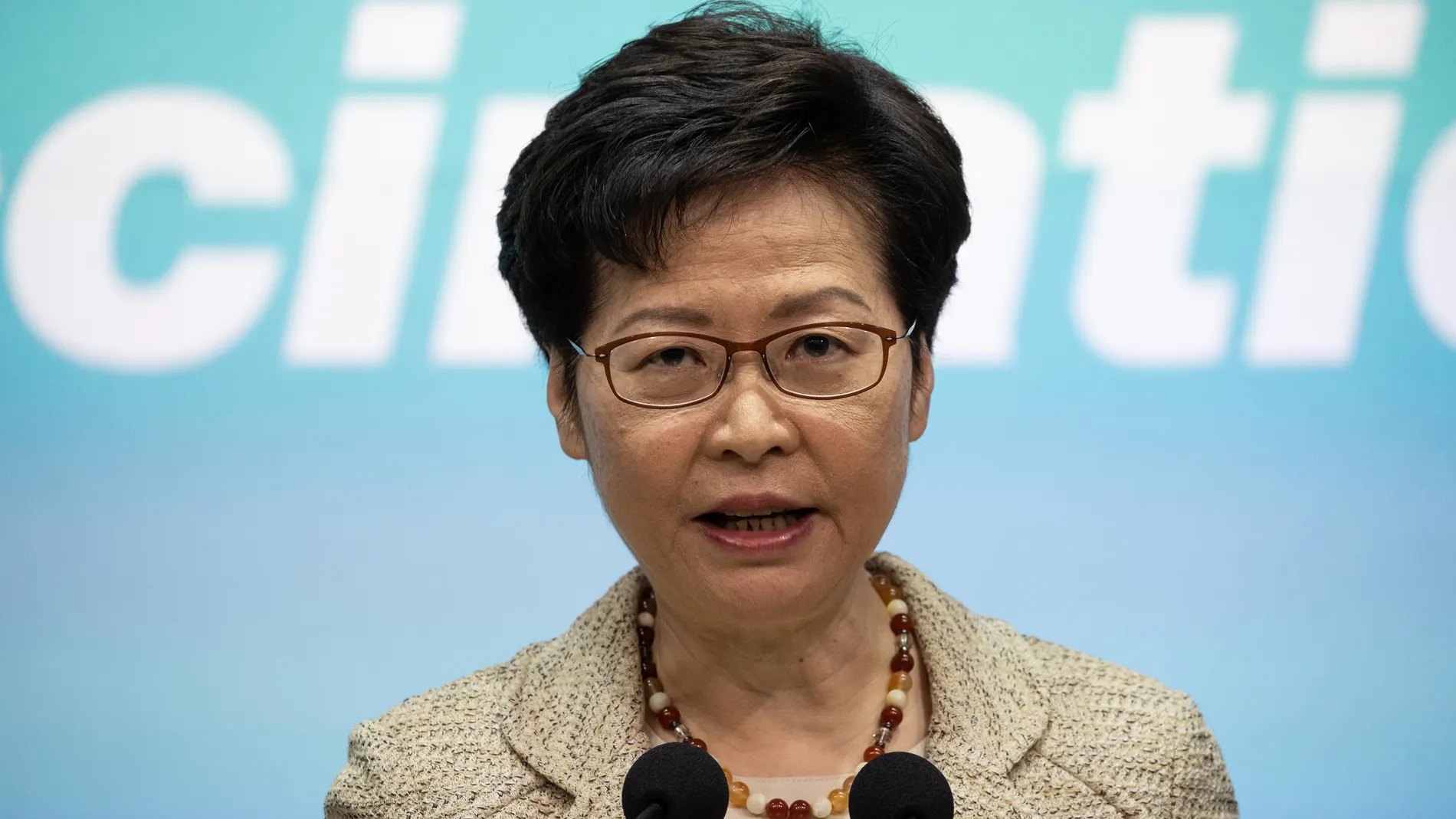 Hong Kong (China), 15/06/2021.- Hong Kong Chief Executive Carrie Lam speaks during a press conference at the Central Government Offices in Hong Kong, China, 15 June 2021. Lam has conceded that new guidelines authorising the banning of films believed to breach the Beijing-imposed national security law have caused concerns within the film industry after the gazetting last week of new guidelines for censors under the Film Censorship Ordinance. EFE/EPA/JEROME FAVRE