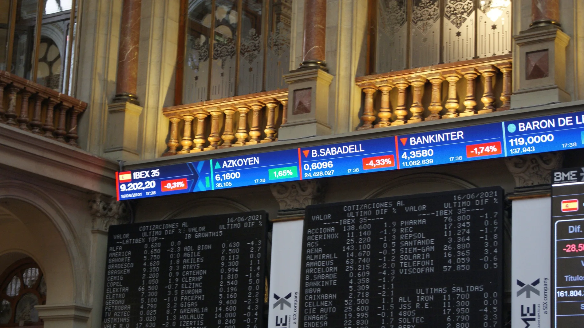 Varias pantallas muestran información bursátil al cierre de la Bolsa de Madrid