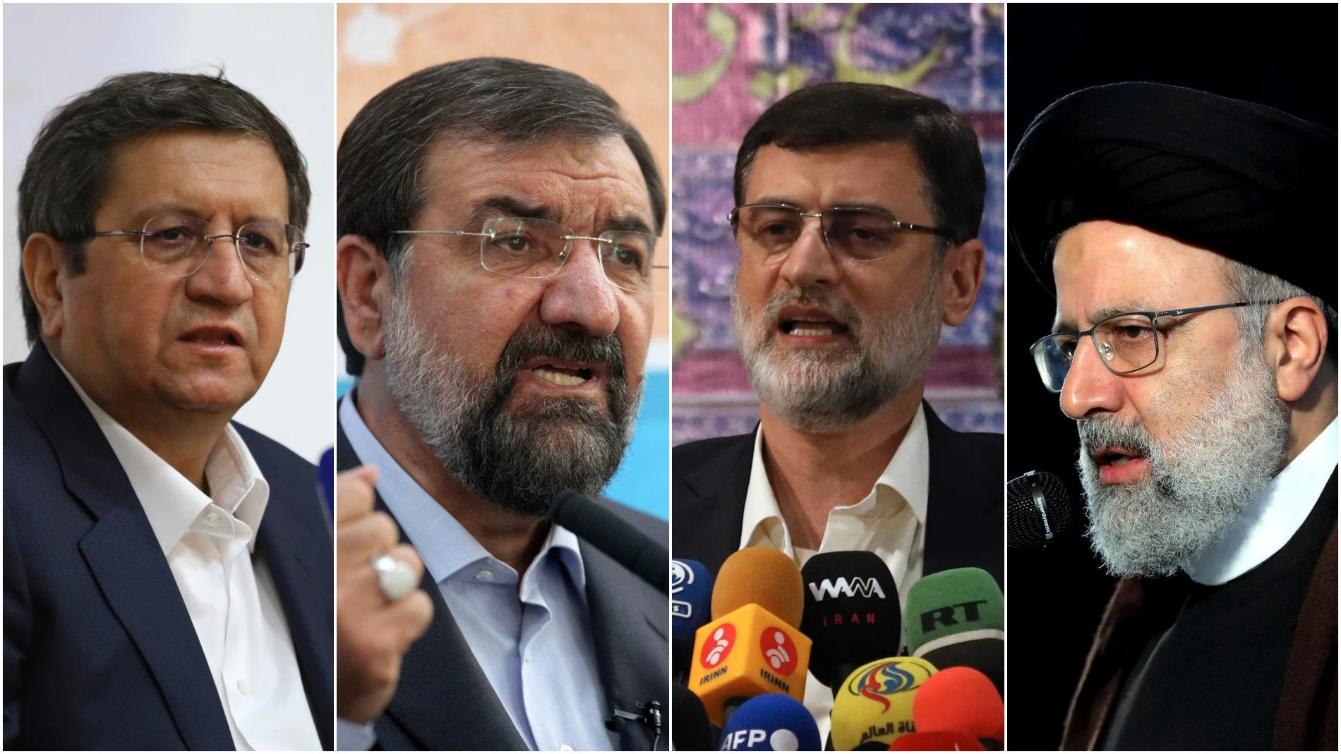 De izquierda a derecha, Abdolnasser Hemmati, Mohsen Rezaei, Amir Hossein Ghazizadeh Hashemi y Ebrahim Raisi, cuatro de los candidatos a las elecciones de Irán. AP