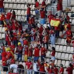 Aficionados española animan a la selección en el estadio de La Cartuja.