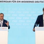 El líder de la CDU, Armin Laschet, presenta el programa electoral de la Unión junto al presidente bávaro y líder de la CSU, Markus Söder