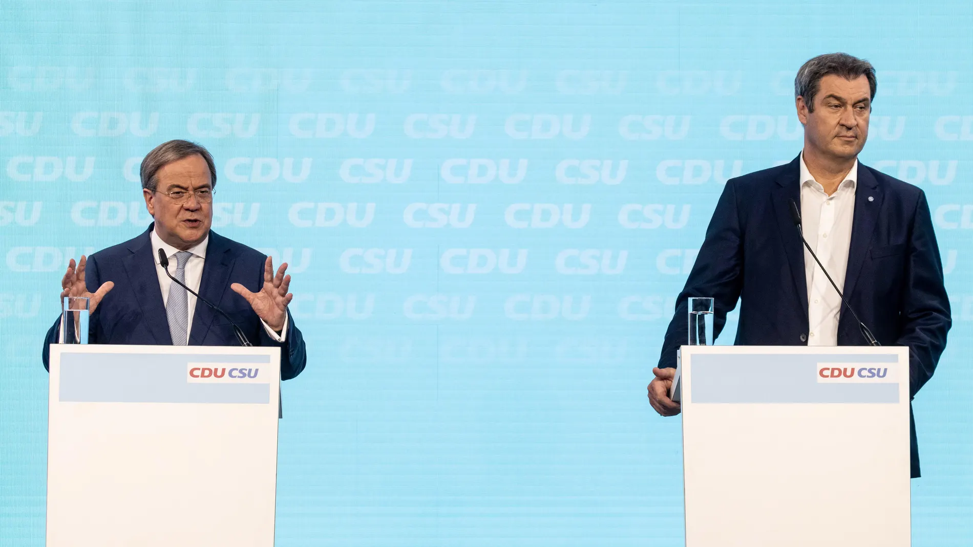 El líder de la CDU, Armin Laschet, presenta el programa electoral de la Unión junto al presidente bávaro y líder de la CSU, Markus Söder