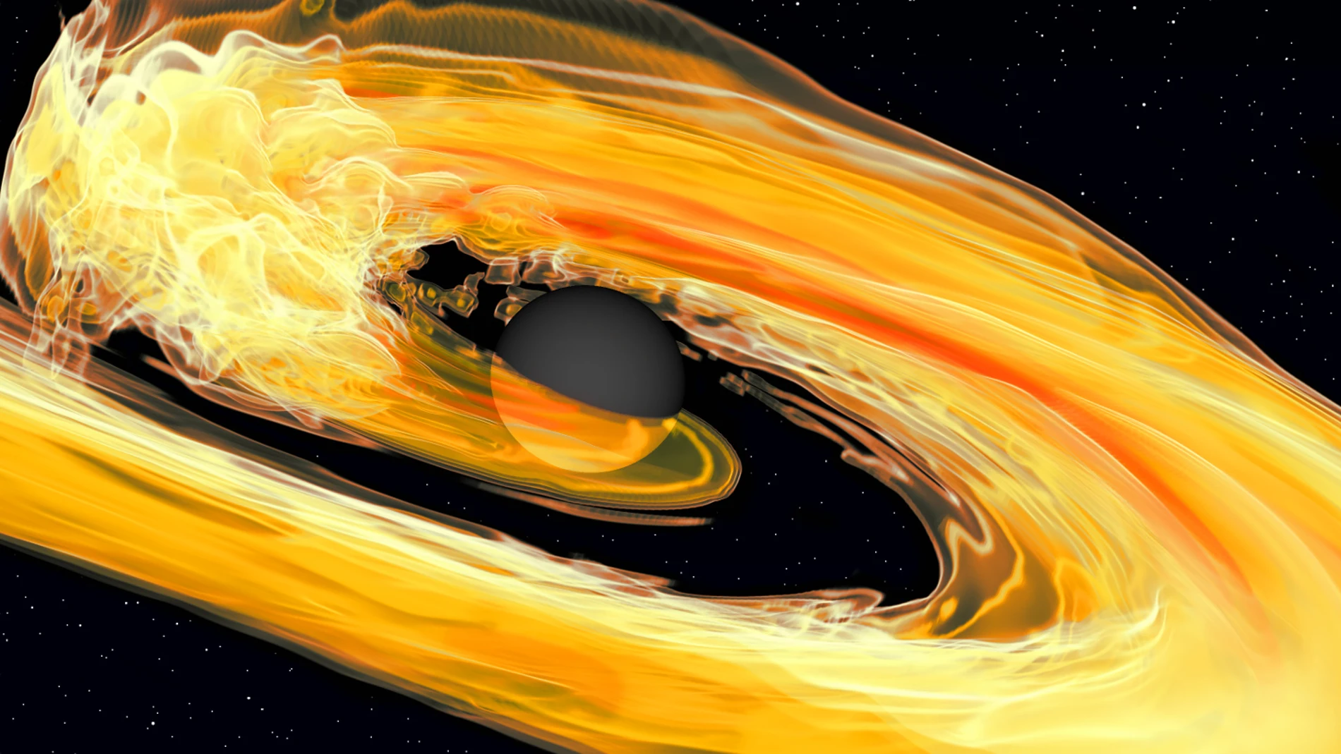 Simulación por ordenador de un agujero negro engullendo una estrella de neutrones.
