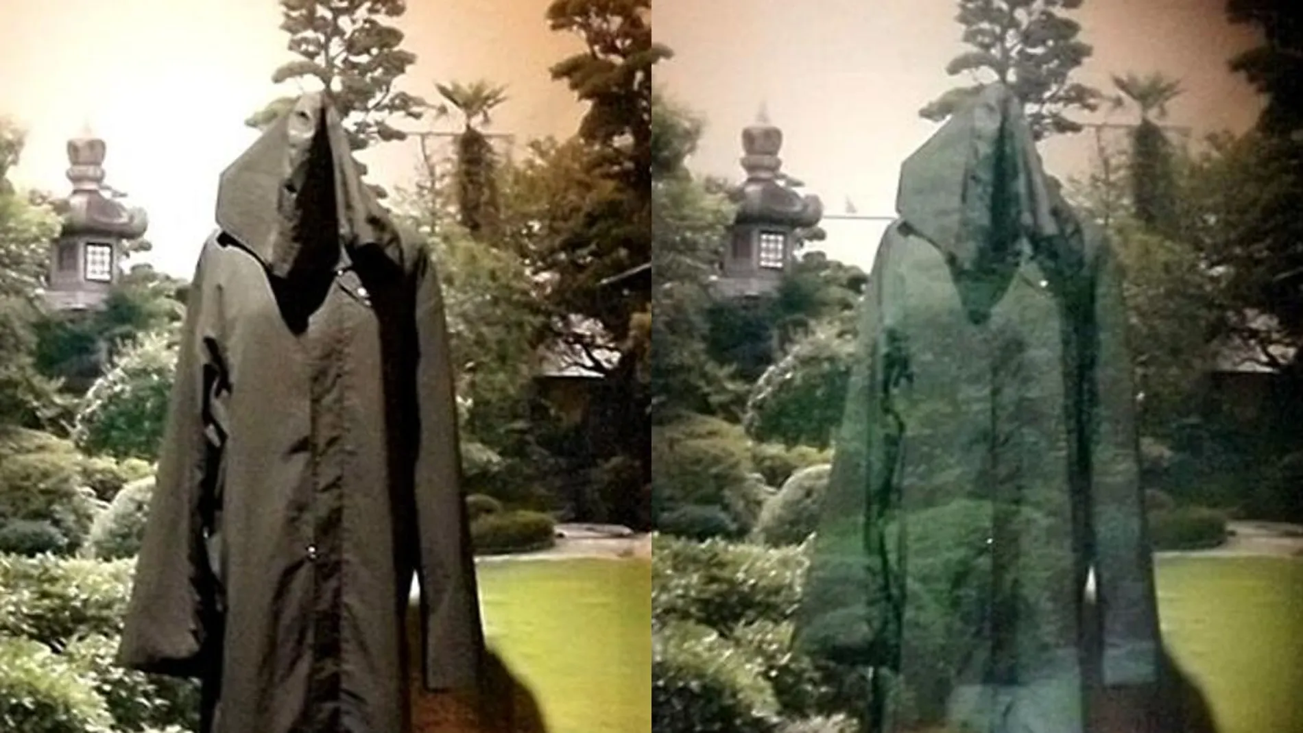 Capa que usa camuflaje óptico, en el que el fondo se proyecta sobre la capa. Museo Nacional de Ciencia Emergente e Innovación (Miraikan) en Tokyo.