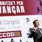 El presidente de la Generalitat, Ximo Puig, durante su intervención en la segunda jornada del duodécimo Congreso de CCOO PV