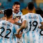Messi celebra el gol que marcó con Argentina a Ecuador en los cuartos de final de la Copa América