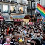 Manifestación celebrada este lunes en la Puerta del Sol, en Madrid, para condenar la brutal agresión que acabó este sábado con la vida del joven Samuel Luiz.