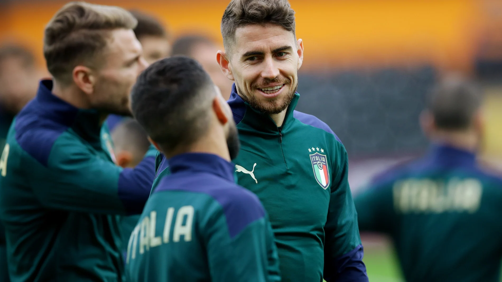 Jorginho, sonriente en el último entrenamiento de Italia antes de jugar frente a España
