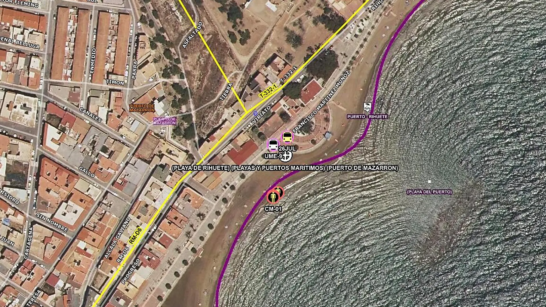 Lugar en el que se ha producido el fallecimiento de un hombre de 74 en la playa de Rihuete, en Puerto de Mazarrón (Mazarrón)