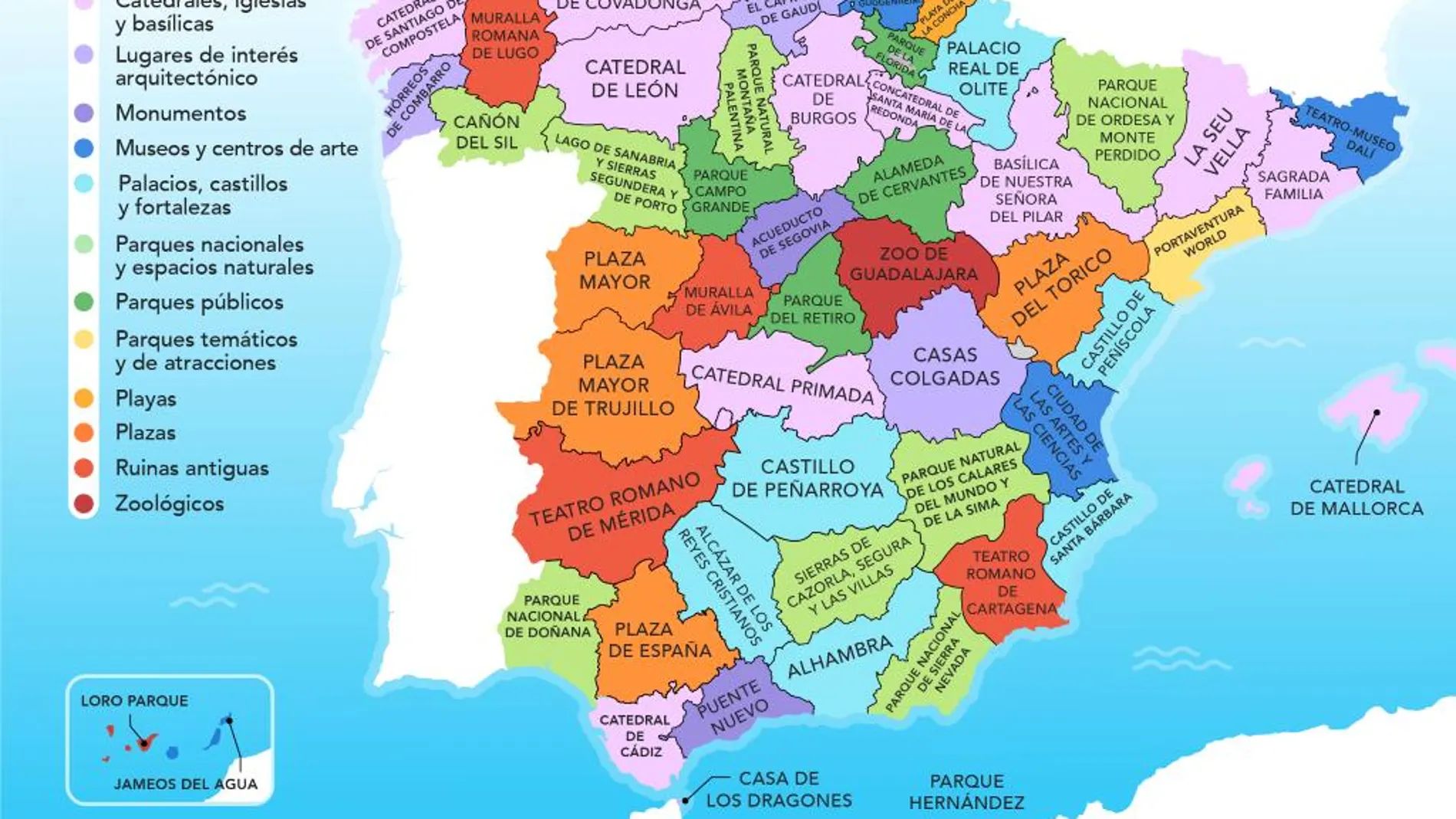 Así queda el mapa con las atracciones turísticas más visitadas en cada provincia de España