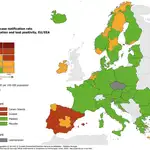 Mapa por colores según el número de contagios de la ECDC sobre la situciación de la pandemia en la UE