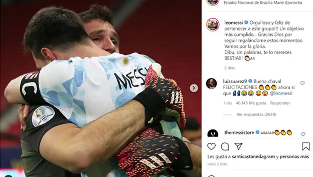 Respuesta de Luis Suárez al mensaje que publicó Leo Messi en Instagram después de eliminar a Colombia.