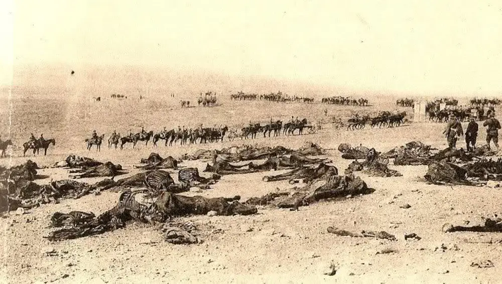 Los cadáveres de soldados del Alcántara con sus caballos en Monte Arruit