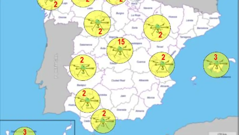 Distribuición de los 39 drones de vigilancia de la DGT en todo el territorio nacional