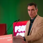 El secretario general del PSOE y presidente del Gobierno, Pedro Sánchez, durante su intervención en un acto de partido