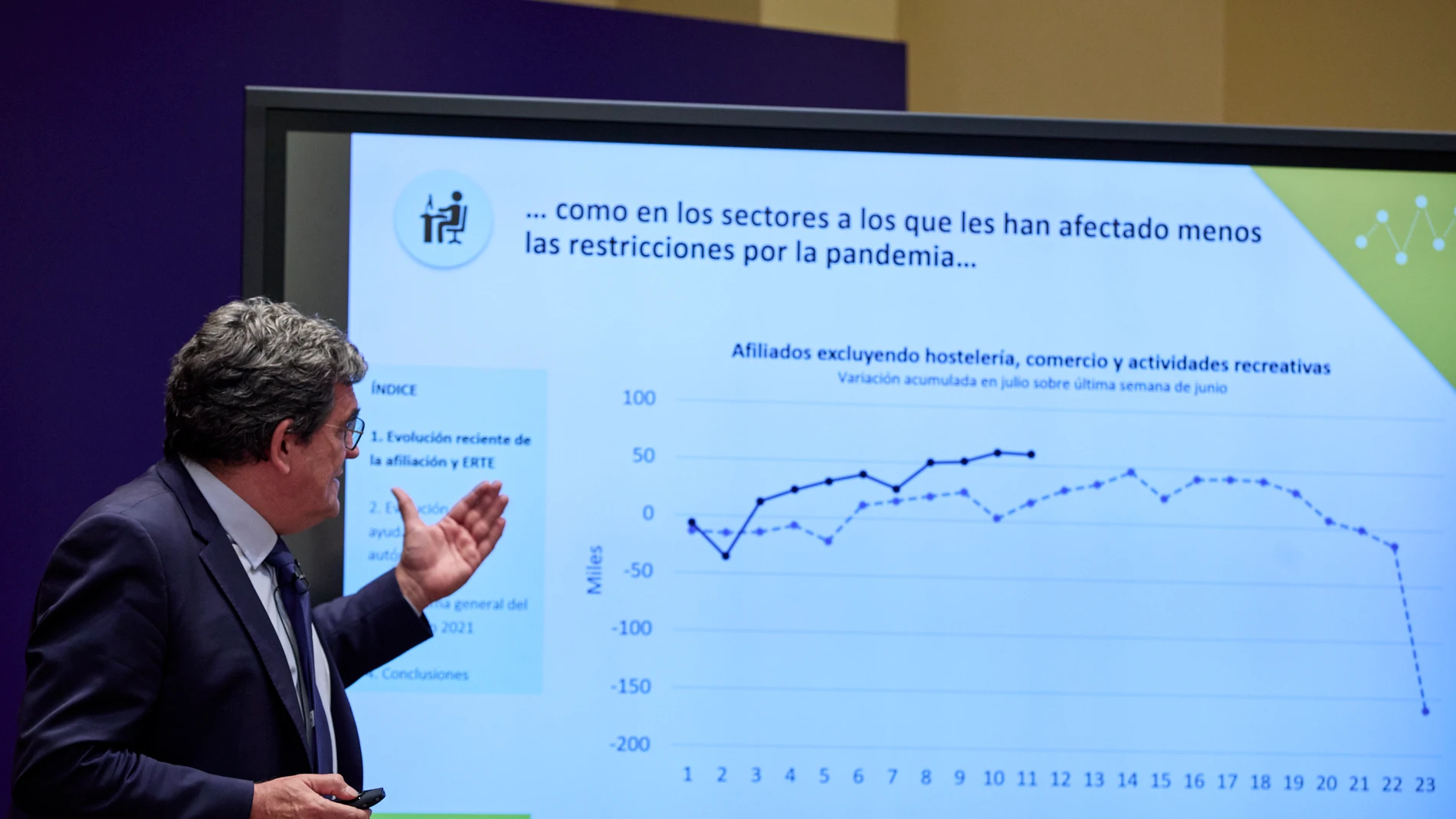 El ministro de Inclusión, Seguridad Social y Migraciones, José Luis Escrivá, hoy en el avance de los datos