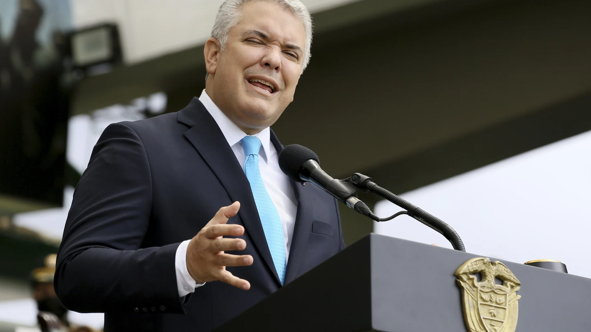 Colombia's President Ivan Duque speaks during a military parade celebrating the country's 211 years of independence from Spain, at the General Jose Maria Cordoba Military School for Cadets in Bogota, Colombia, Tuesday, July 20, 2021. (AP Photo/Leonardo Munoz)