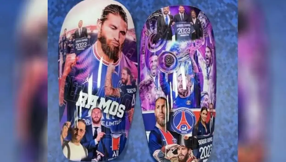 Sergio Ramos aparece en una de sus espinilleras levantando la Champions con el PSG.