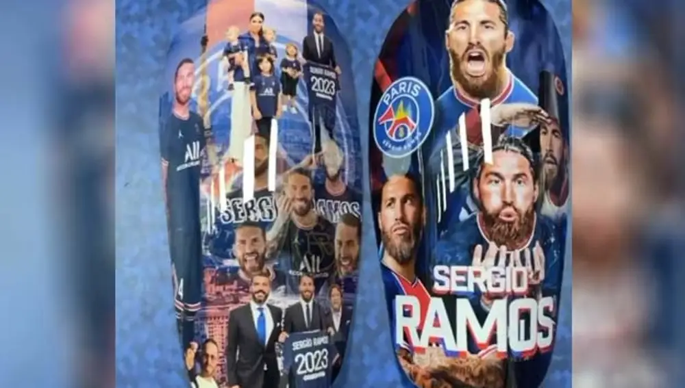 En una espinillera, Sergio Ramos ha cambiado el nombre del PSG en el escudo por el de París Sergio Ramos.