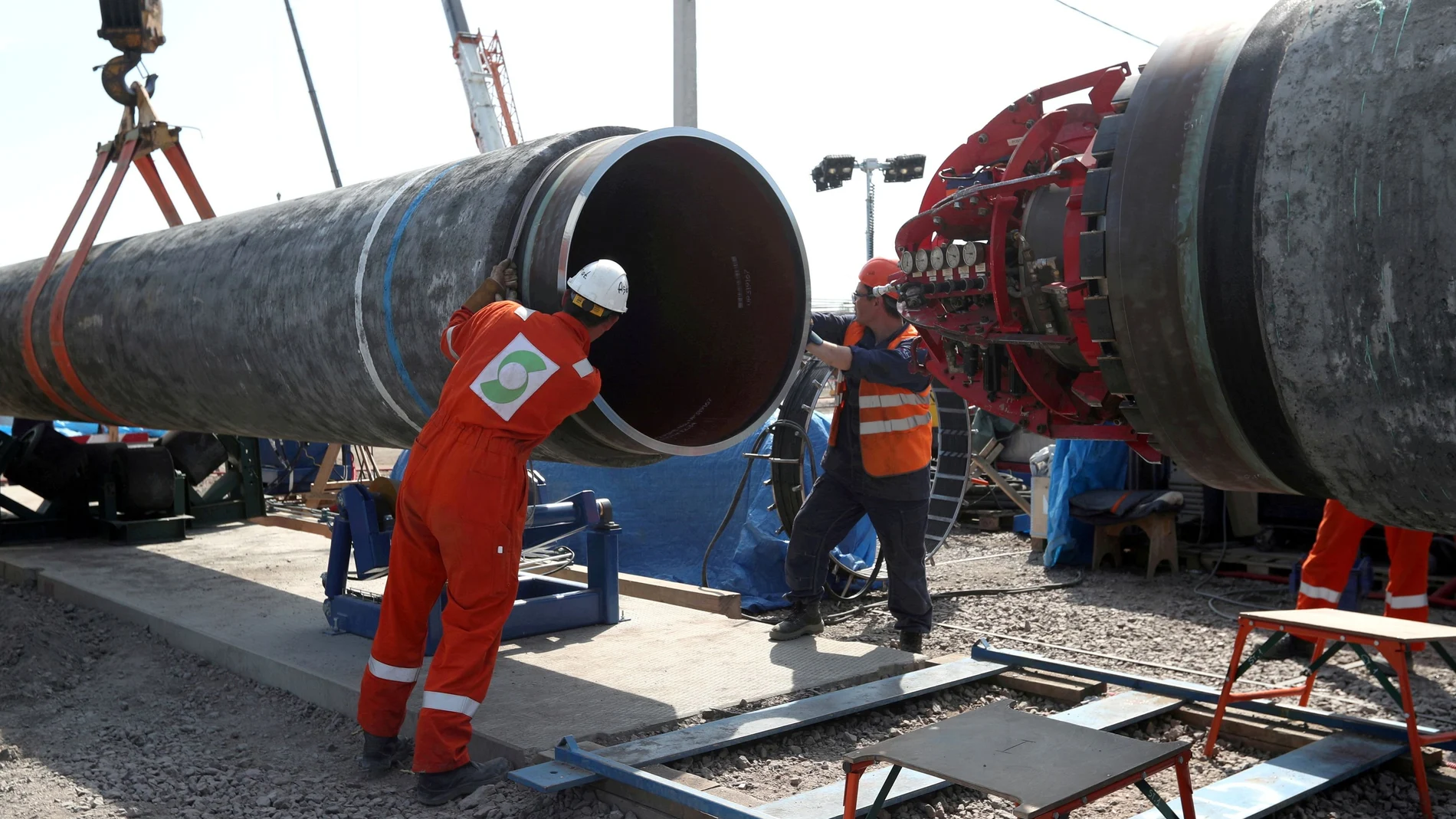 Trabajadores del gasoducto Nord Stream 2, cerca de Kingisepp, en Leningrado, Rusia