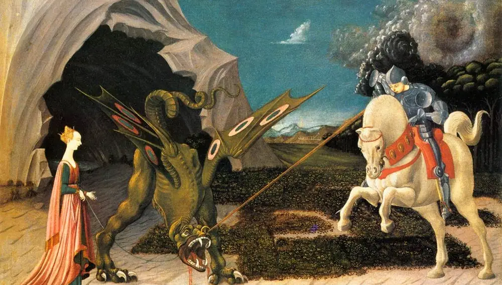 Cuadro de Paolo Ucello (1456). Cuenta la leyenda que el caballero San Jorge rescató a una princesa del dragón que pretendía devorarla.
