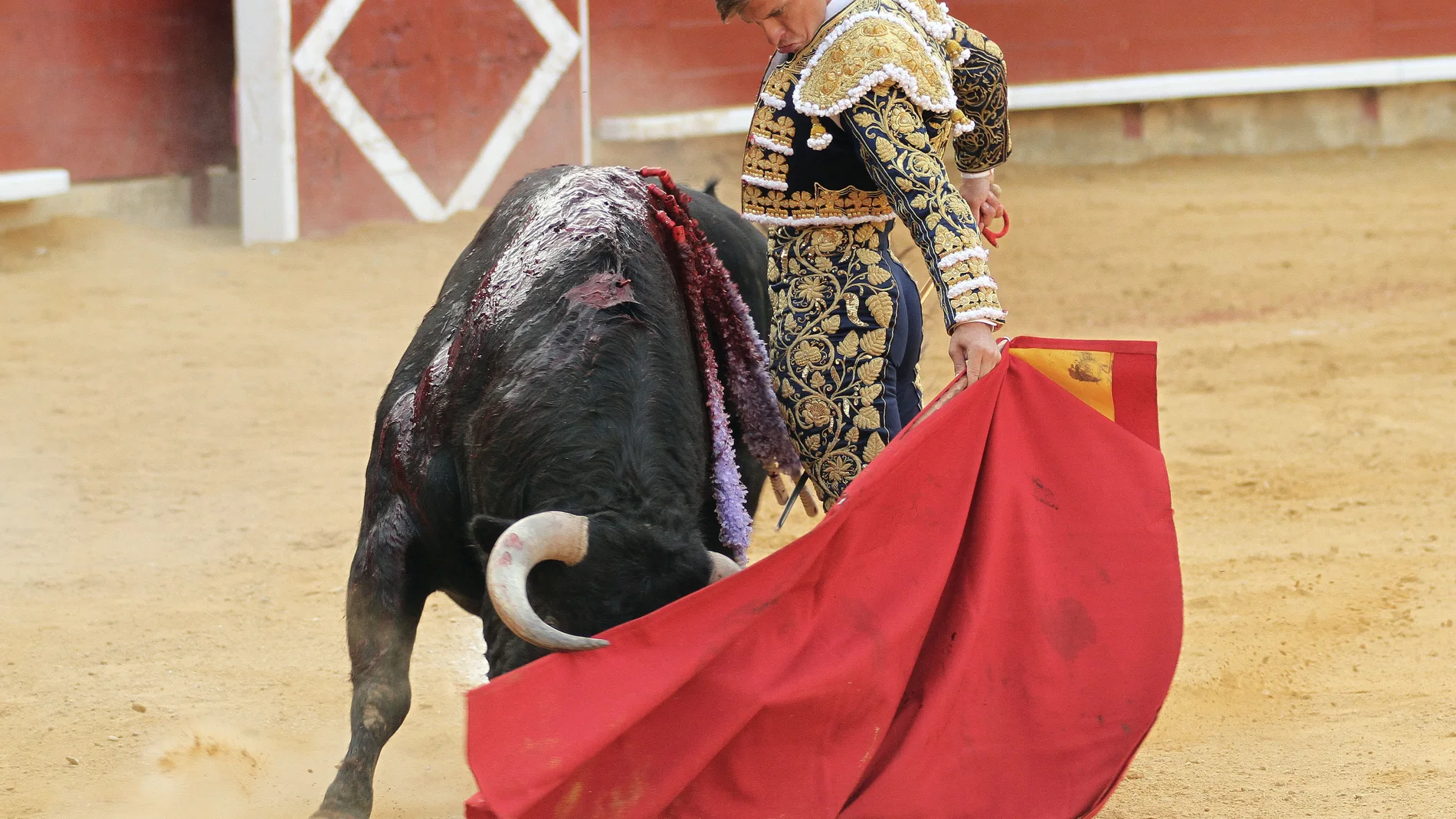 Julián López 'El Juli' con su segundo toro en la primera corrida de Toros de una anterior Feria palentina de San Antolín