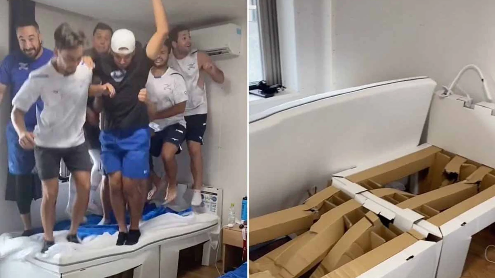 Los deportistas de Israel subidos a una de las camas de cartón de la VIlla Olímpica.