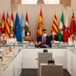 El presidente del Gobierno, Pedro Sánchez durante la XXIV Conferencia de Presidentes, el máximo órgano político de coordinación multilateral, que se celebra este viernes en el Convento de San Esteban, en Salamanca