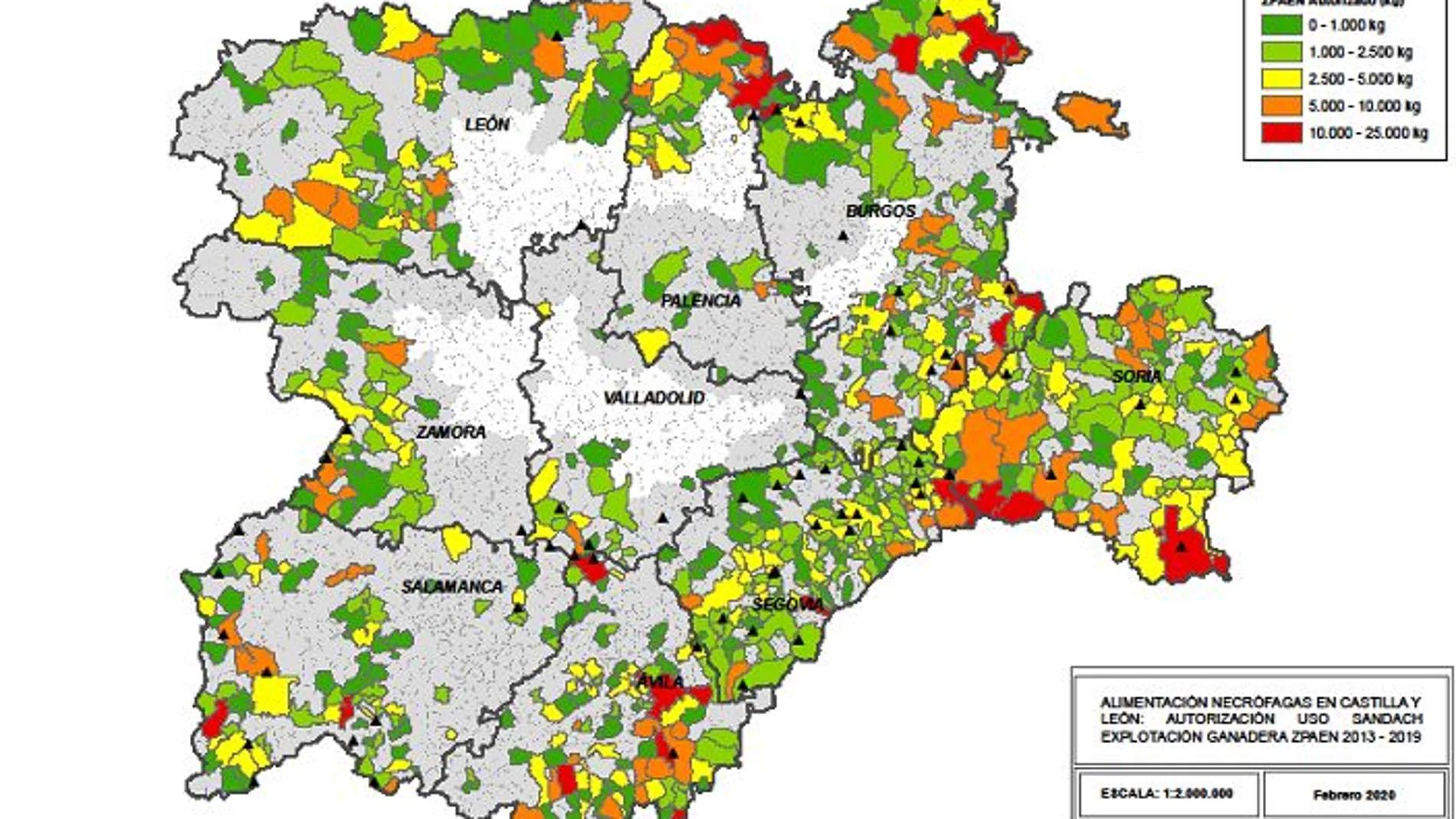 Mapa de Castilla y León donde están ubicados los muladares