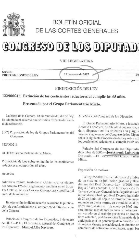 Proposición de ley de 2007, cuando era diputado José Antonio Labordeta