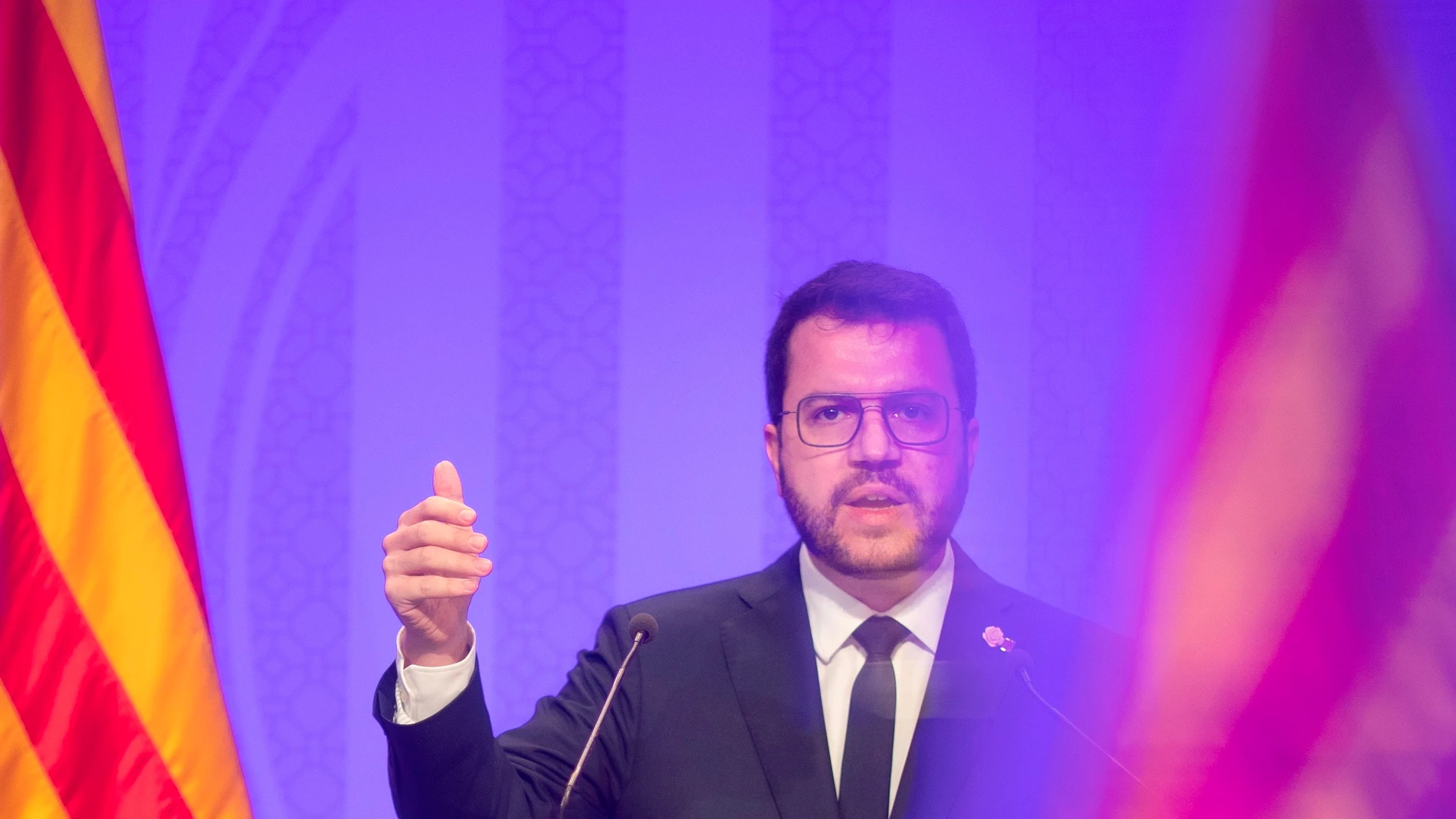 El presidente de la Generalitat, Pere Aragonès, este martes, durante rueda de prensa posterior a la reunión semanal del Govern.