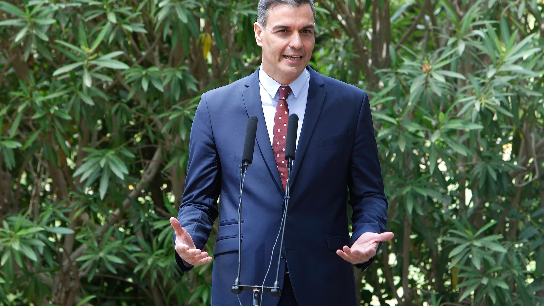El presidente del Gobierno, Pedro Sánchez, ofrece una rueda de prensa a su llegada al Palacio de Marivent,
