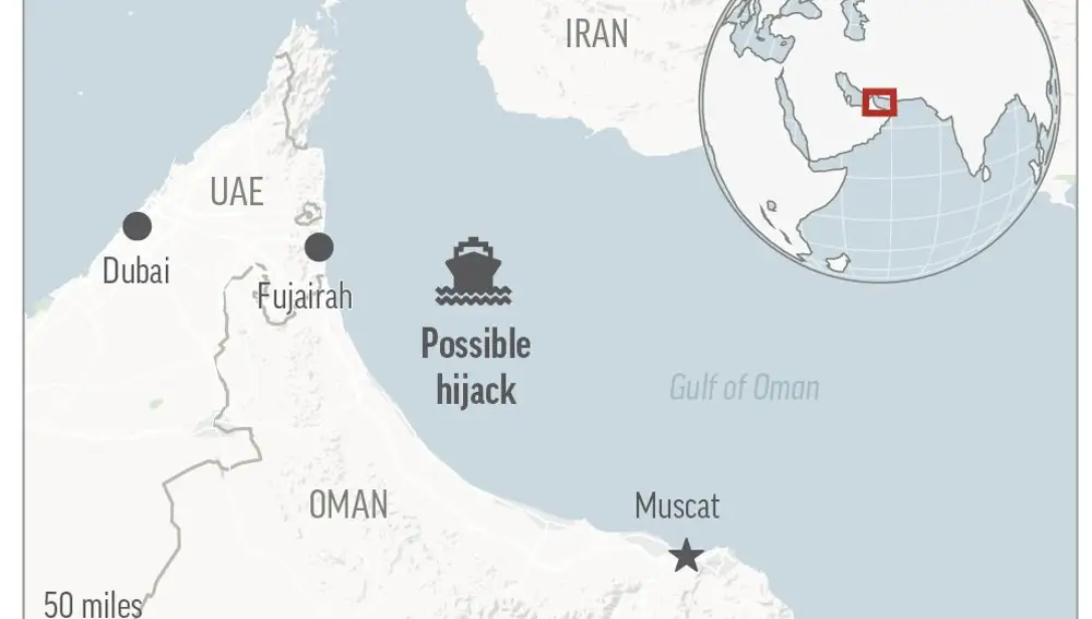 A ship in the Gulf of Oman may have been a hijacking target Tuesday. (AP Graphic)