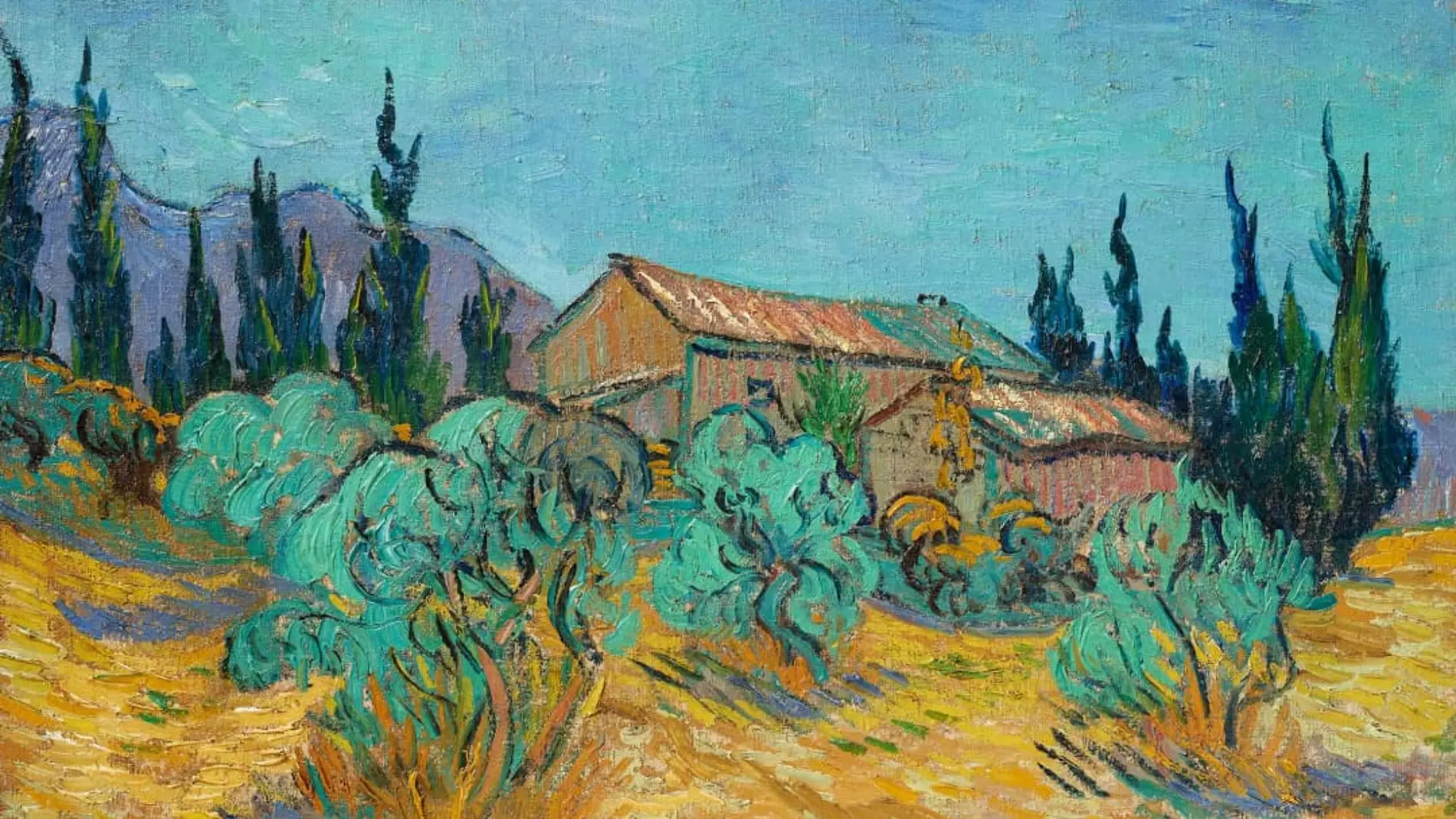 "Cabanes de bois parmi les oliviers et cyprès”, obra de Van Gogh