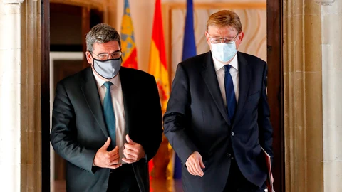 El president de la Generalitat Ximo Puig y el ministro de Inclusión, Seguridad Social y Migraciones José Luis Escrivá comparecen en rueda de prensa tras la reunión que han mantenido hoy en el Palau de la Generalitat.